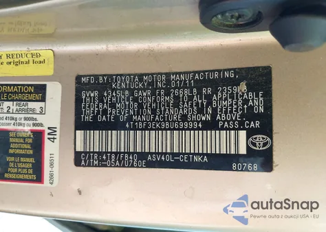 2011 Toyota Camry Le z USA, uszkodzony, nr VIN 4T1BF3EK9BU699994